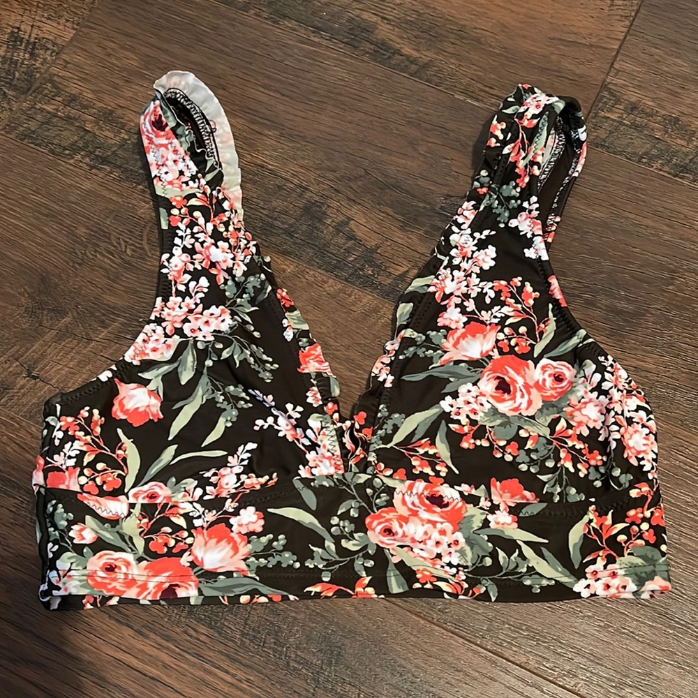 Gently worn olive green and pink floral tank top style bathing suit top